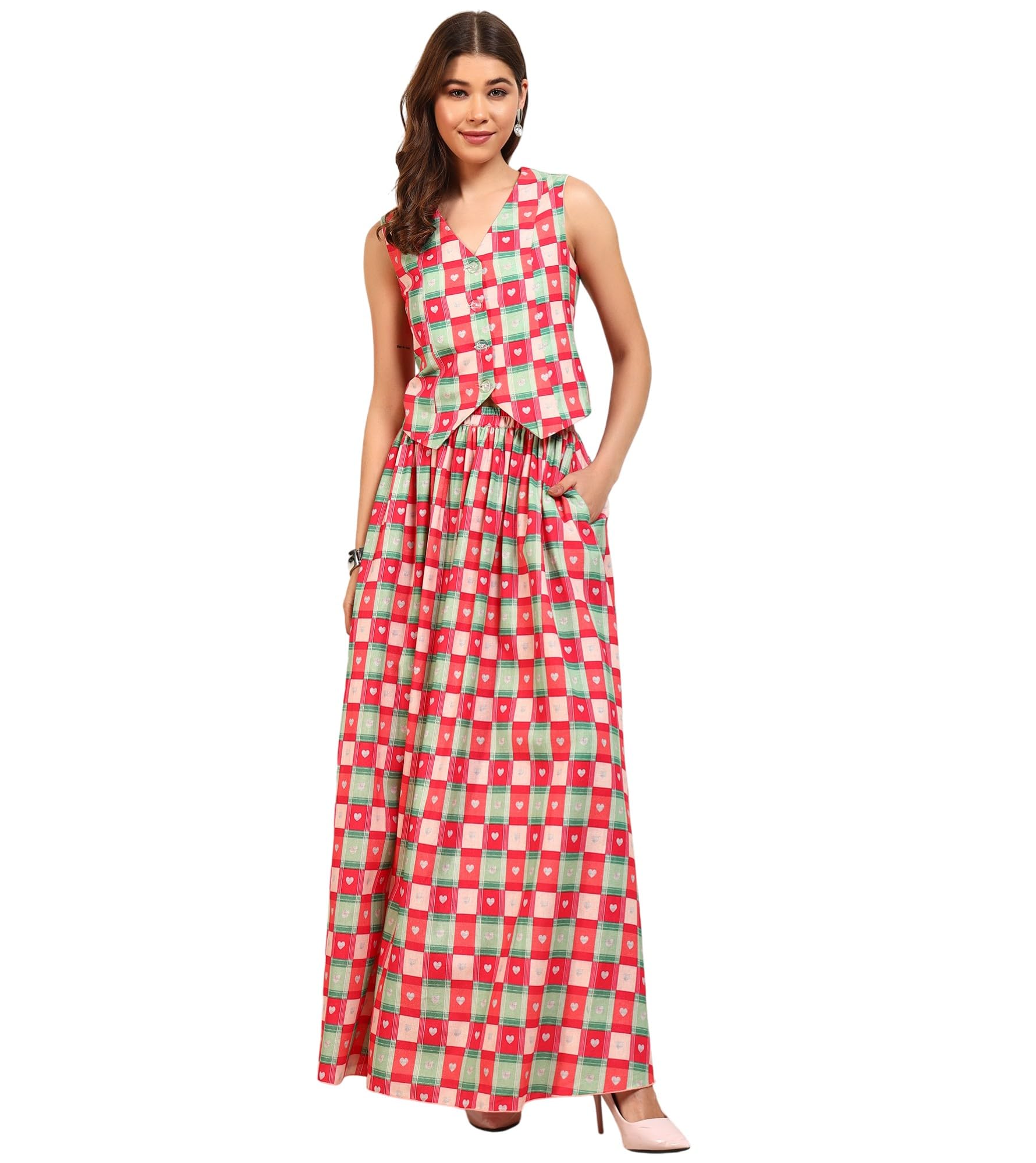 Women's Check Heart Printed Rayon Waist Coat With Ankle Length Skirt Co-Ord Set|Sleeveless|V-Neck|Long Dresses For Woman Western|Two Piece|Traditional Party Casual Wear