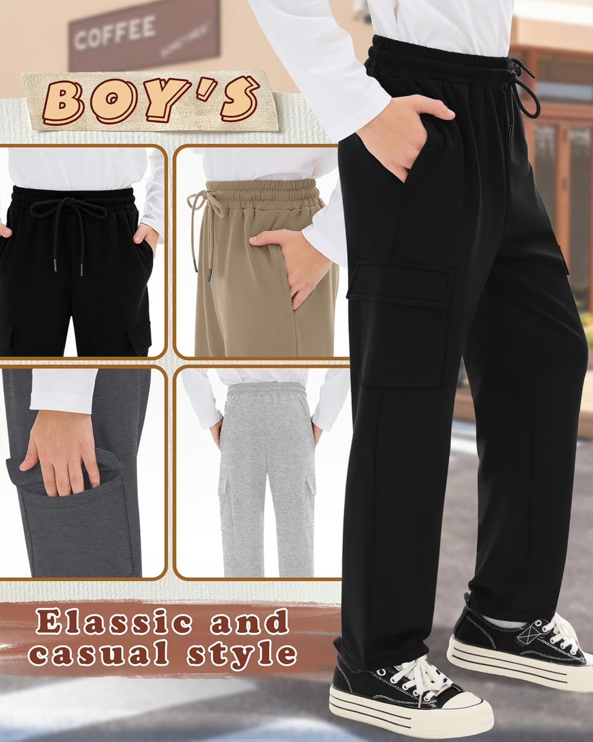 4 Pack Boys' Cargo Sweatpants Elastic Drawstring Open Bottom Active Pants Casual Workout Joggers with 4 Pockets - Image 4