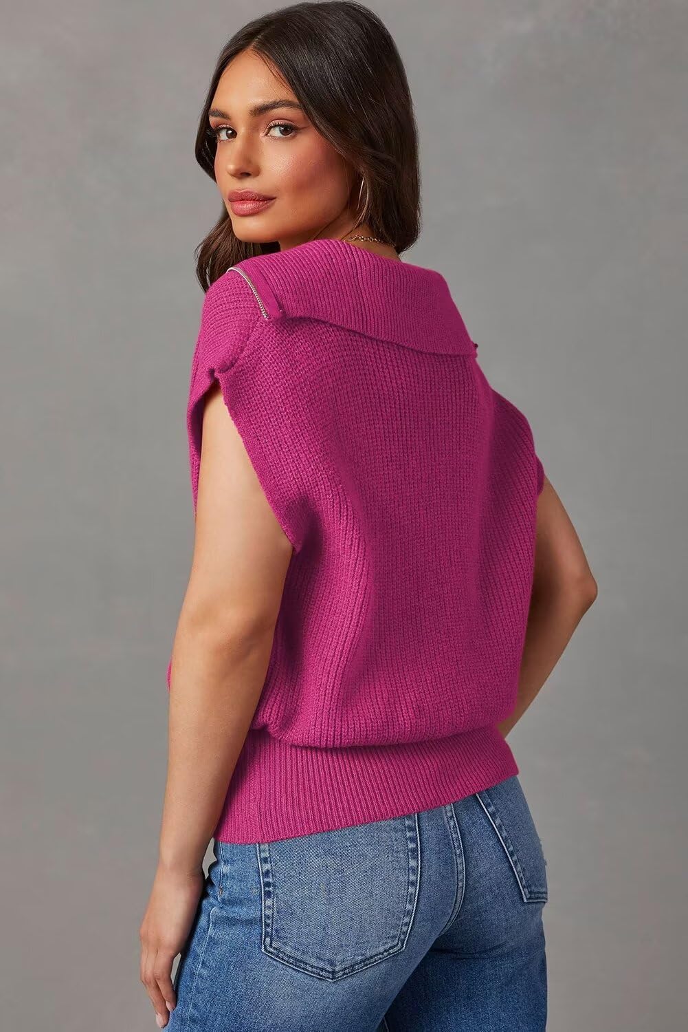 Dokotoo Women's Casual Sleeveless Half Zip Pullover Sweaters Solid V Neck Collar Ribbed Knitted Loose Sweaters - Image 3