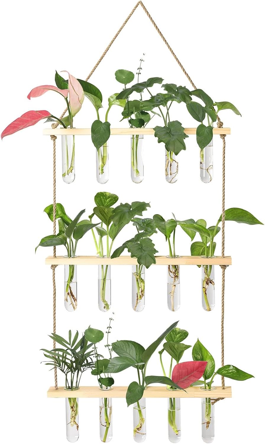 XXXFLOWER Wall Hanging Propagation Station with Wooden Stand 5 Glass Test Tubes 3 Tiers Planters Wall Terrarium for Home Office Plant Hanger Flower Vases Wall Decor Hydroponic Cuttings Beige 15 Tube Vases