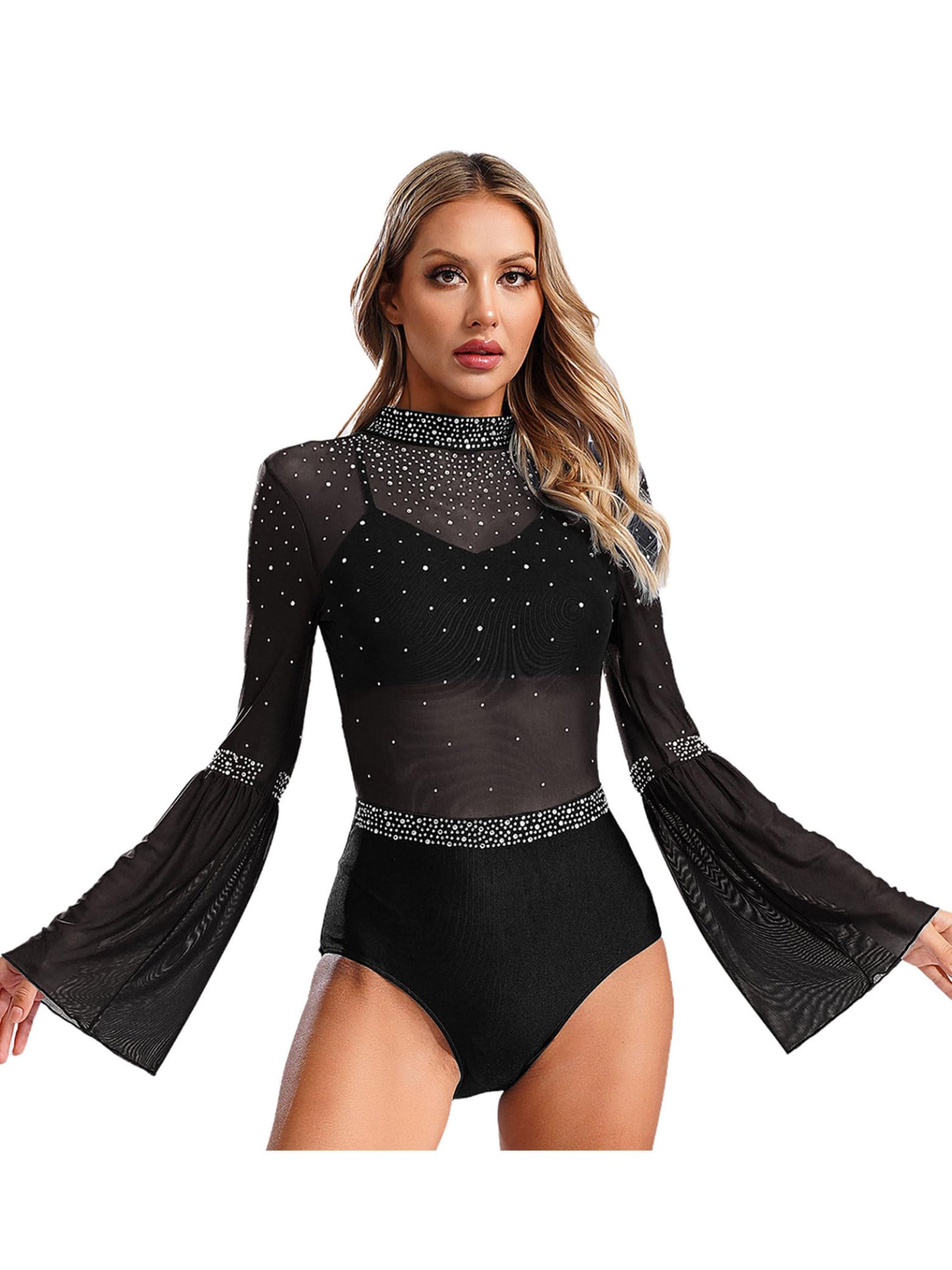 Ballett Body Damen Glitzer Trompetenärmel Turnanzug Mesh Patchwrok Tanzbody Stehkragen Turntrikot Cut Out Leotard Tanzanzug