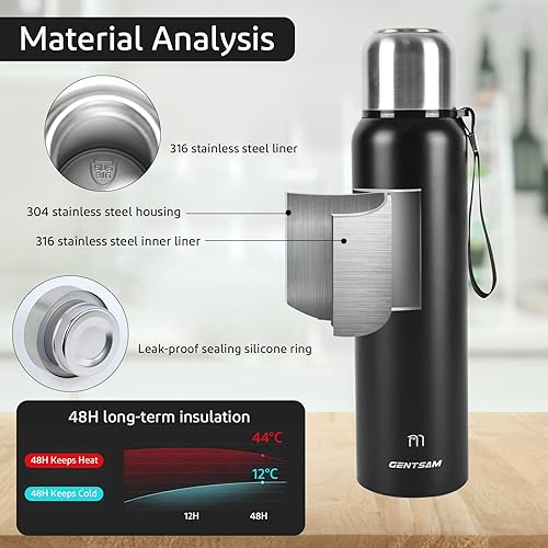 Miniatura 3 de GENTSAM Metal Stainless Steel Insulated Water Bottle Double Walled Leak Proof Vacuum Flask Thermal Mug for Indoor Use (Black, 34oz1000mL)