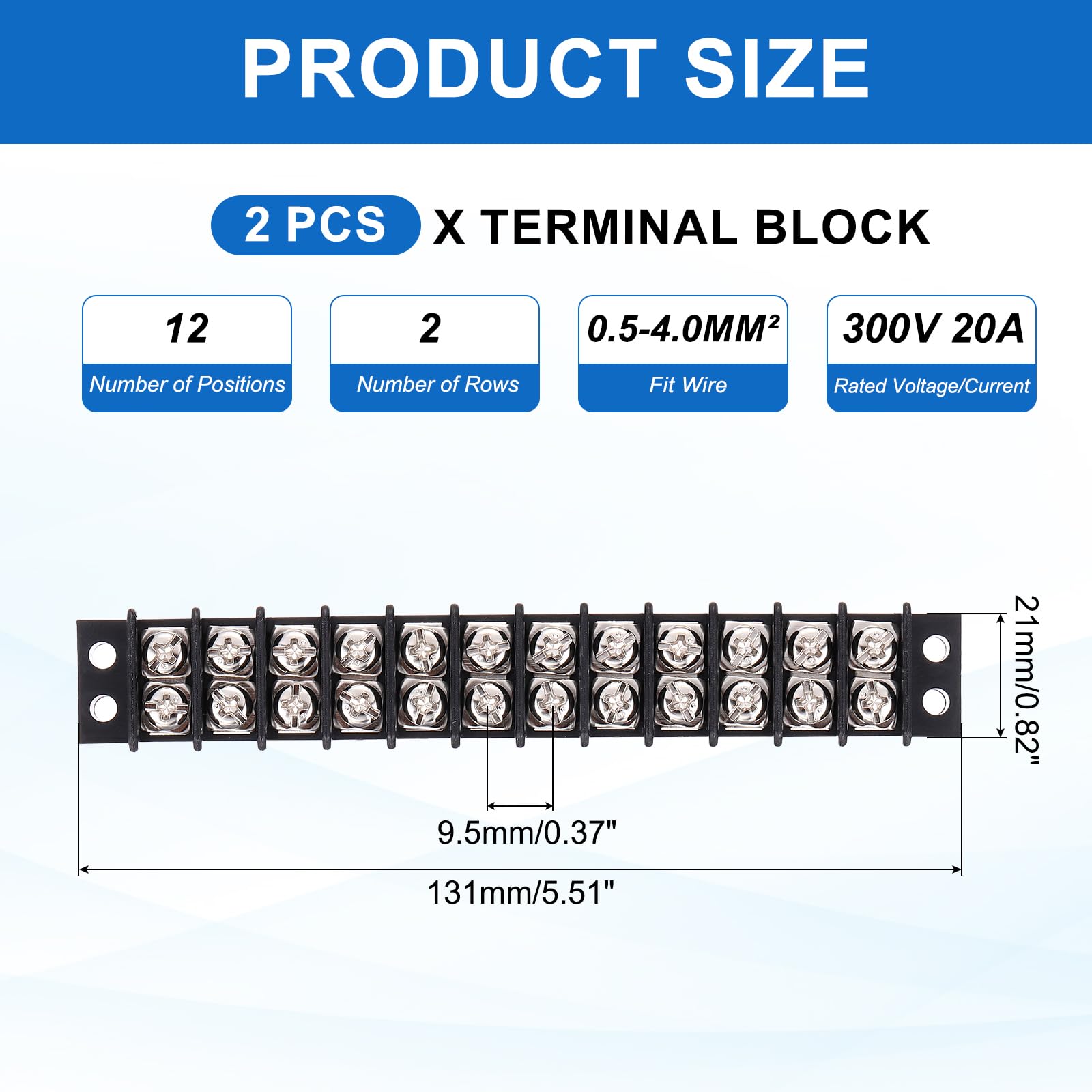 MECCANIXITY Terminal Block 300V 20A Dual Rows 12P Circuit Screw Terminals Barrier Strip PA66 for Wire Connect, 131mm x 21mm x 13mm