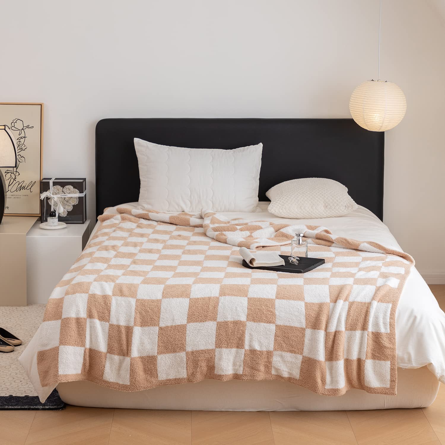 MH MYLUNE HOME Ultra-Soft Checkered Blanket Microfiber Checkerboard Blanket Reversible, Plaid Cozy Fuzzy Chessboard Throw Blanket Plush for Bed Couch Sofa (Khaki, 60''x79'')