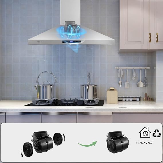 SNDOAS Range Hood 30 inches,Stainless Steel Wall Mount Range Hood with Carbon Filters,Vent Hood 30 inch Touch Control,Ducted/Ductless Convertible,Chimney-Style Over Stove Vent Hood,Kitchen Hood