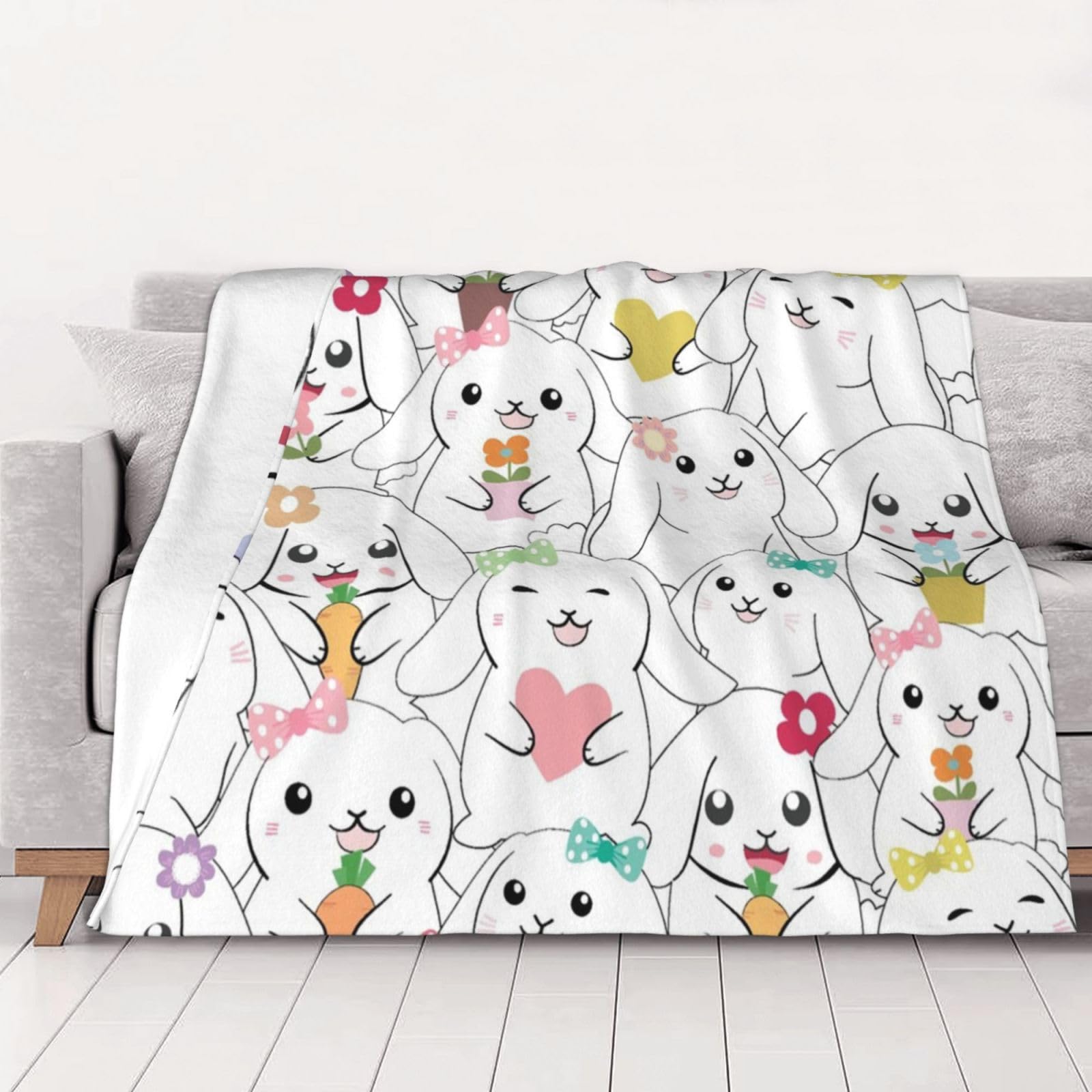 AUBKFELD Cartoon Cute Animals Rabbit Printed Flannel Blanket 200x150 CM, Soft & Warm Throw Blanket for Sofa/Couch/Bed/Car, Gifts for Audlts Women Men