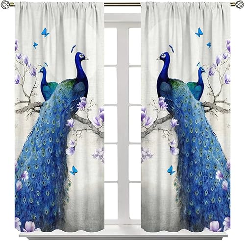 Miniatura 233 de Cortina opaca con estampado de pavo real, con estampado de animales retro, con bolsillo para cortinero y flores de peonía doradas, para dormitorio,