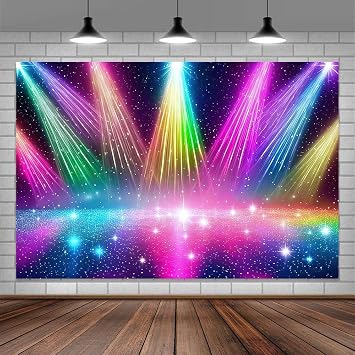 8 x 6 ft Disco Rainbow Stage 70s 80s 90s Backdrop Vintage Lights Colorful Photography Background Rock Music Club Neon Glow Party Decorations Photo Studio Banner Prop Cake Table Decor