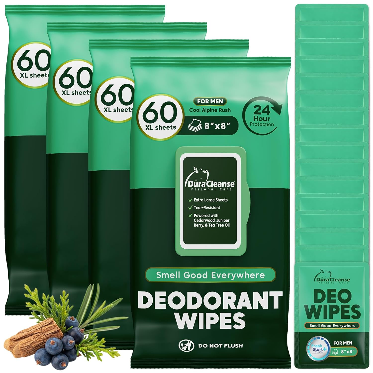 Deodorant Wipes for Men - Freshening Body Towelettes for Post-Workout, Travel, and Daily Deodorizing - On-the-Go Fresh Scent Cleansing Wipes, 240 Count (4 Pack)
