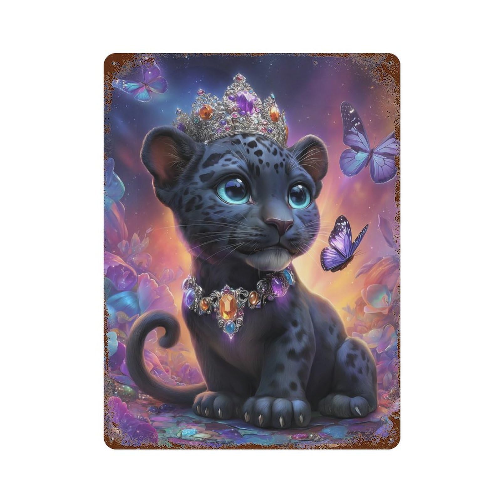 Garage Style Royal Leopard Cub with Crown Aged Metal Wall Plaque 15.7"x11.8", Novelty Wall Decor for Bar And Workshop