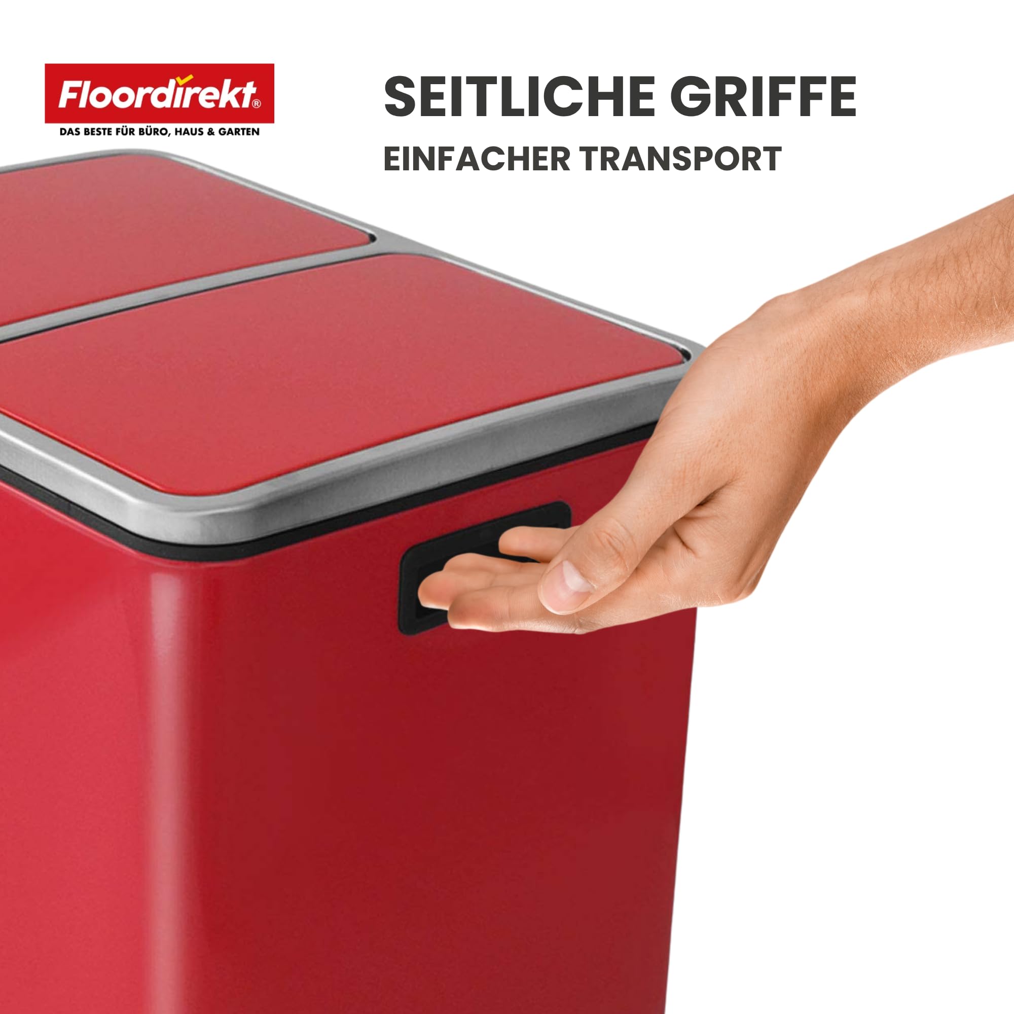 Floordirekt Mülleimer Küche 2×15L Rot | 2-Fach Mülltrennsystem, Treteimer Küche, Metall, Soft-Close, luftdicht, Kunststoff-Inneneimer, Klappdeckel – (Felix)