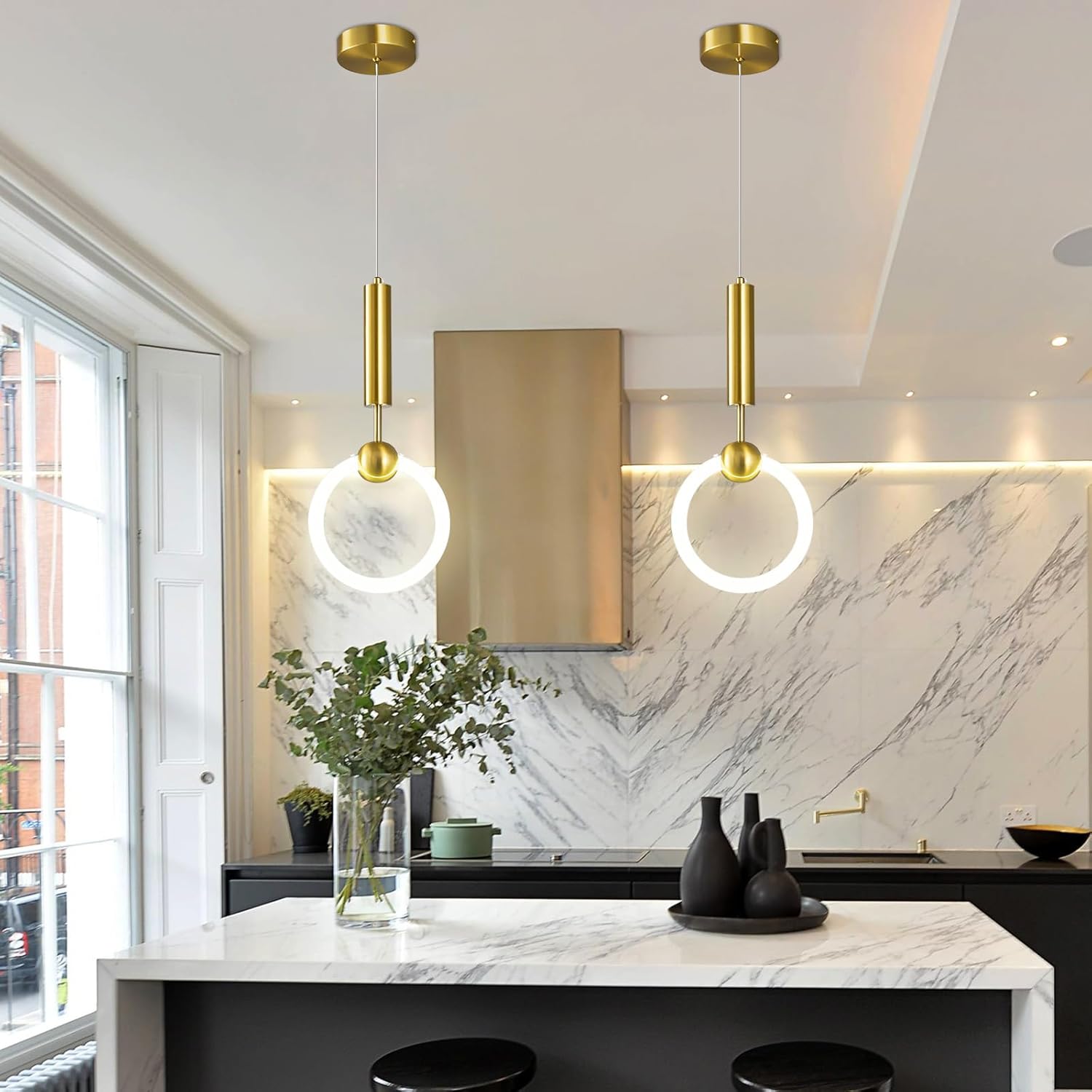 Modern LED Pendant Light Fixtures, Simplicity Gold Pendant Lighting,Circular Hanging Chandelier for Kitchen Island Dining Room Bedroom Entryway Hallway(Gold 1-Pack)