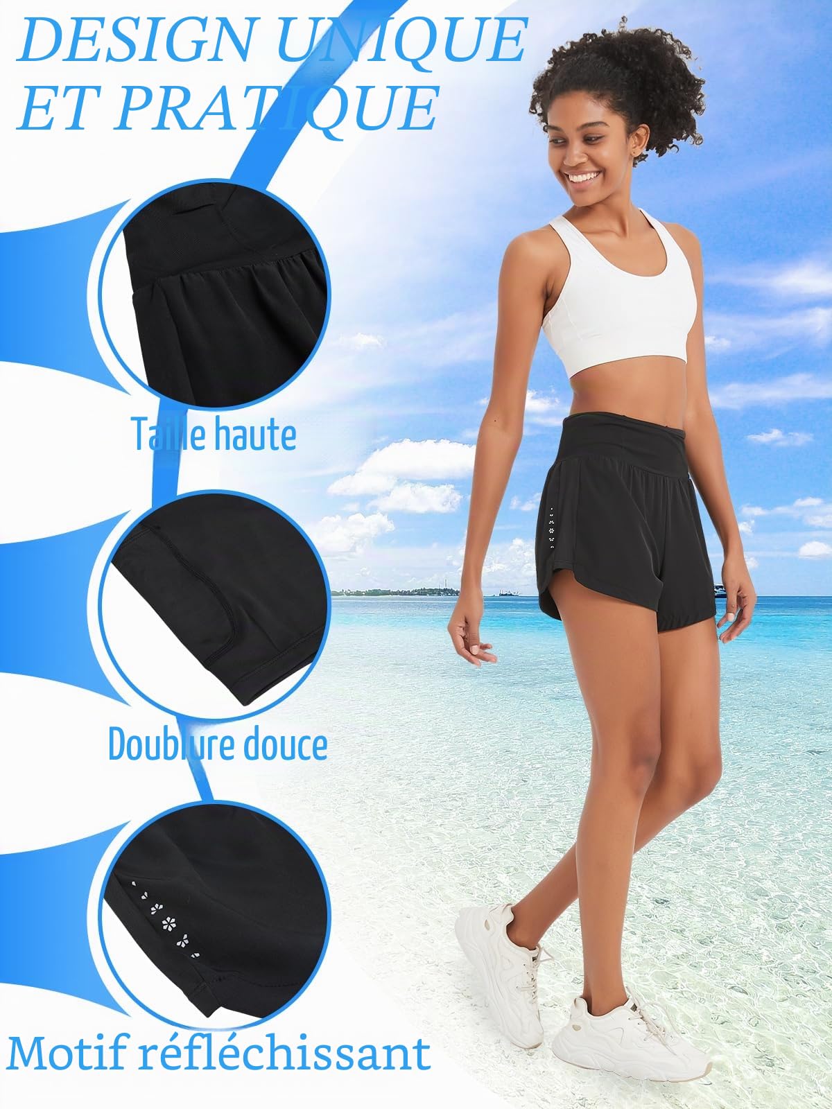 Short de course 2 en 1 pour femme avec poche zippée - Short de bain pour entraînement yoga jogging