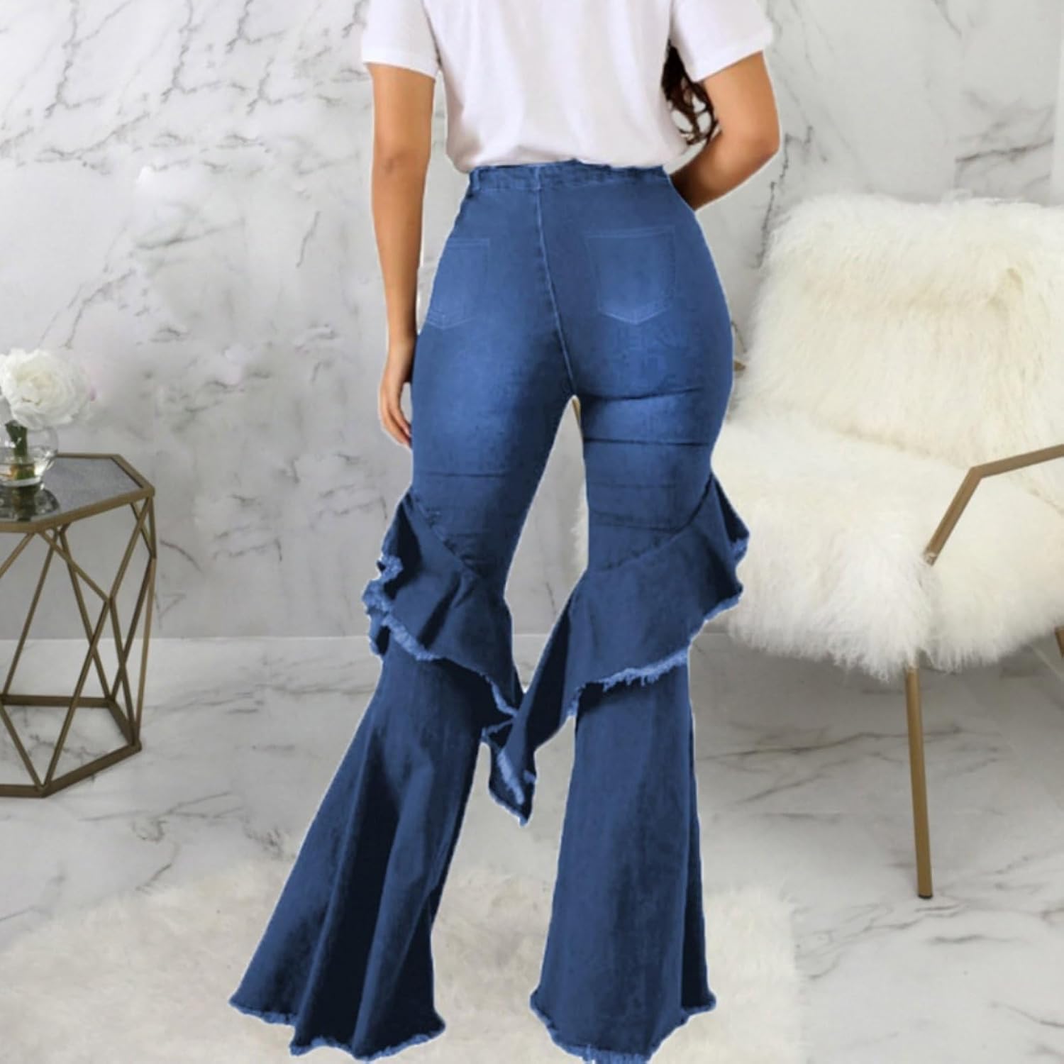 [PxshEisua] レディース ストレッチ レトロ フレアパンツ イレギュラーフリル スプライシング リップド ハイウエスト フ