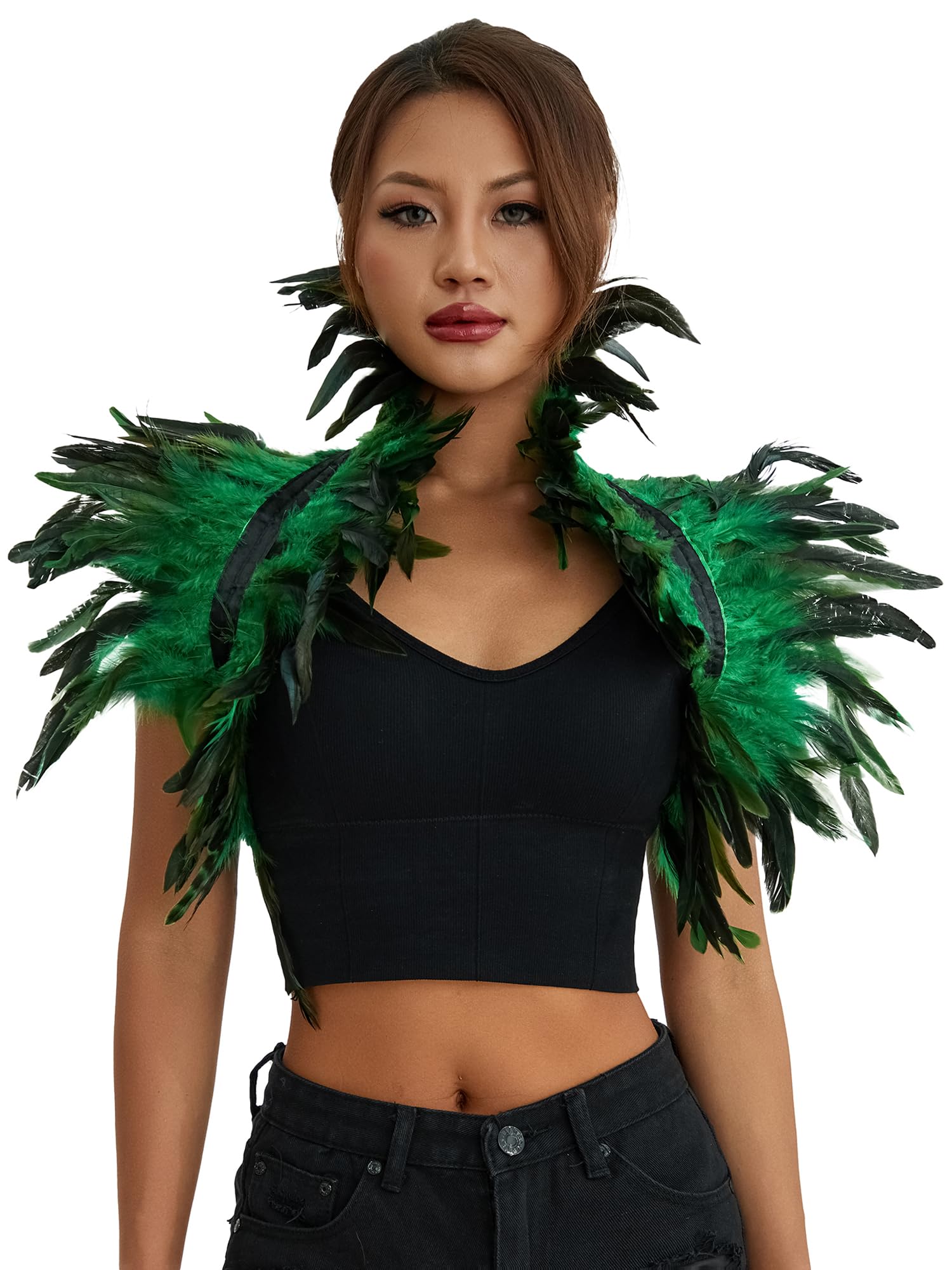 SANSIWU Women Natural Feather Cape Maleficent Costume Gothic Lacing Shawl Shrug Collar Feather Cloak for Halloween Cosplay Party (A-Green, One Size)