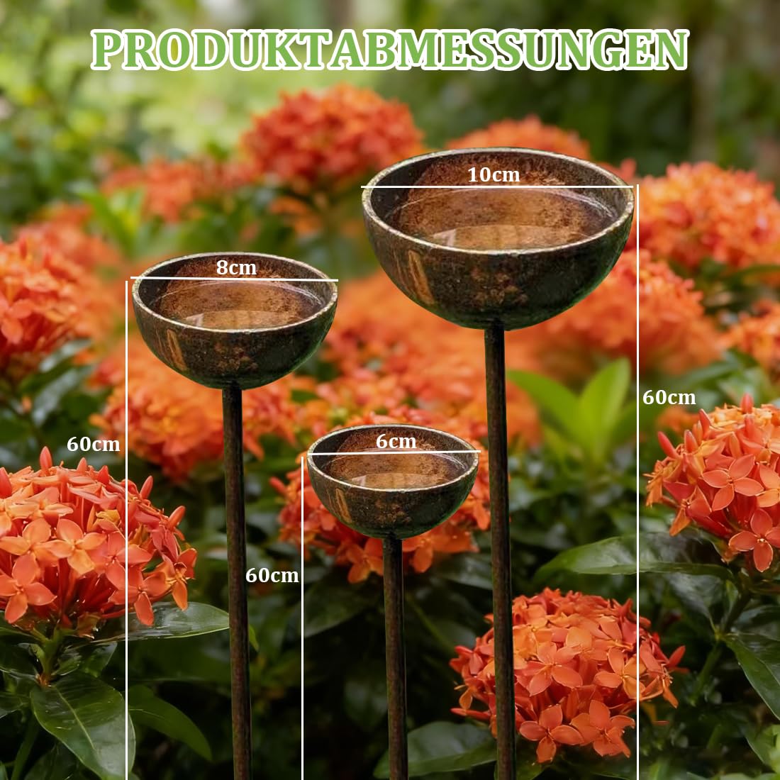 3Stück Regenfänger Gartenstecker Rost, Insektentränke Garten, Wassertränke für Vögel, Bienentränke für den Garten, Wassertränke für Vögel, Metall Gartendeko Rost für Draußen 60cm