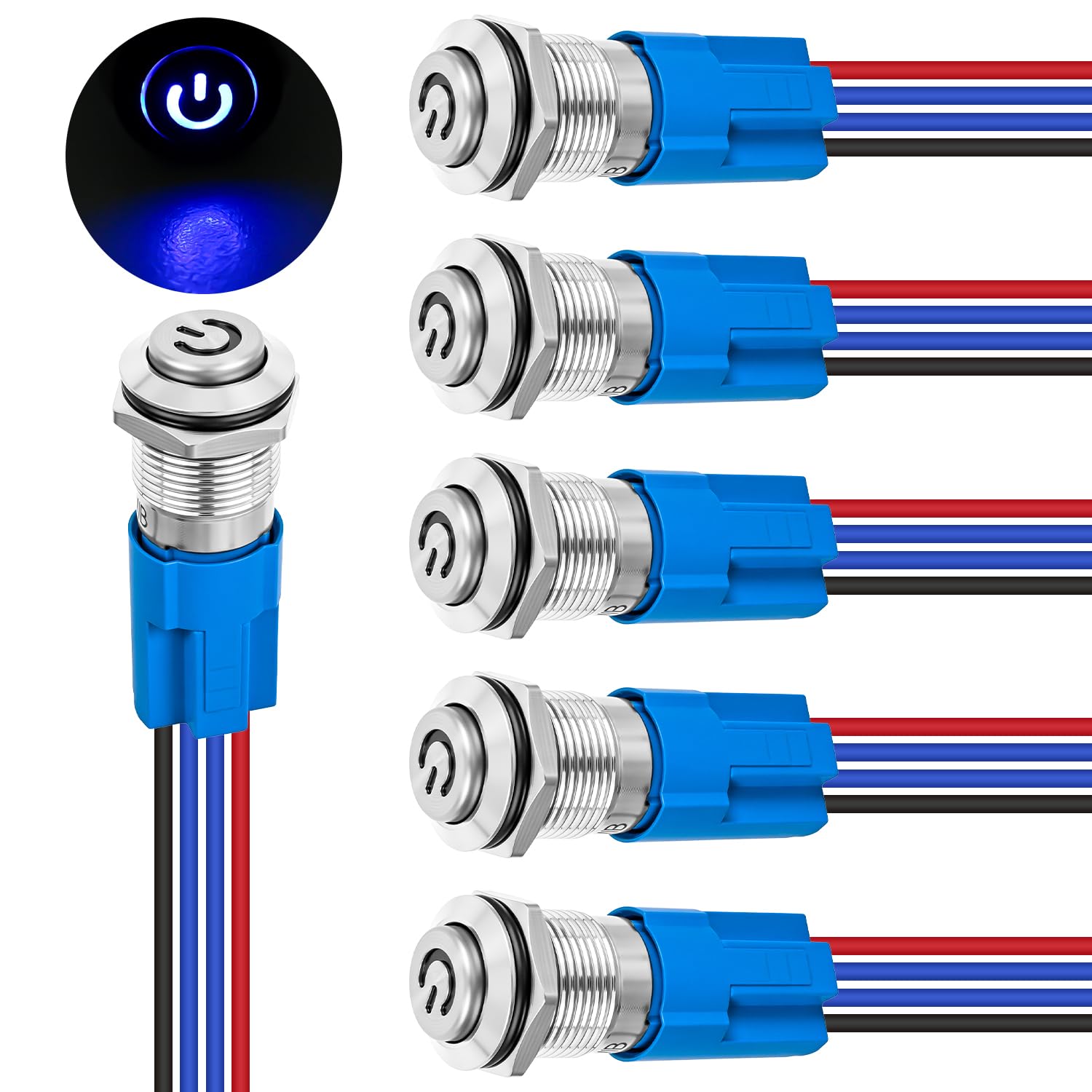 Nilight 12mm Latching Push Button Switch 6pcs LED Blue Waterproof