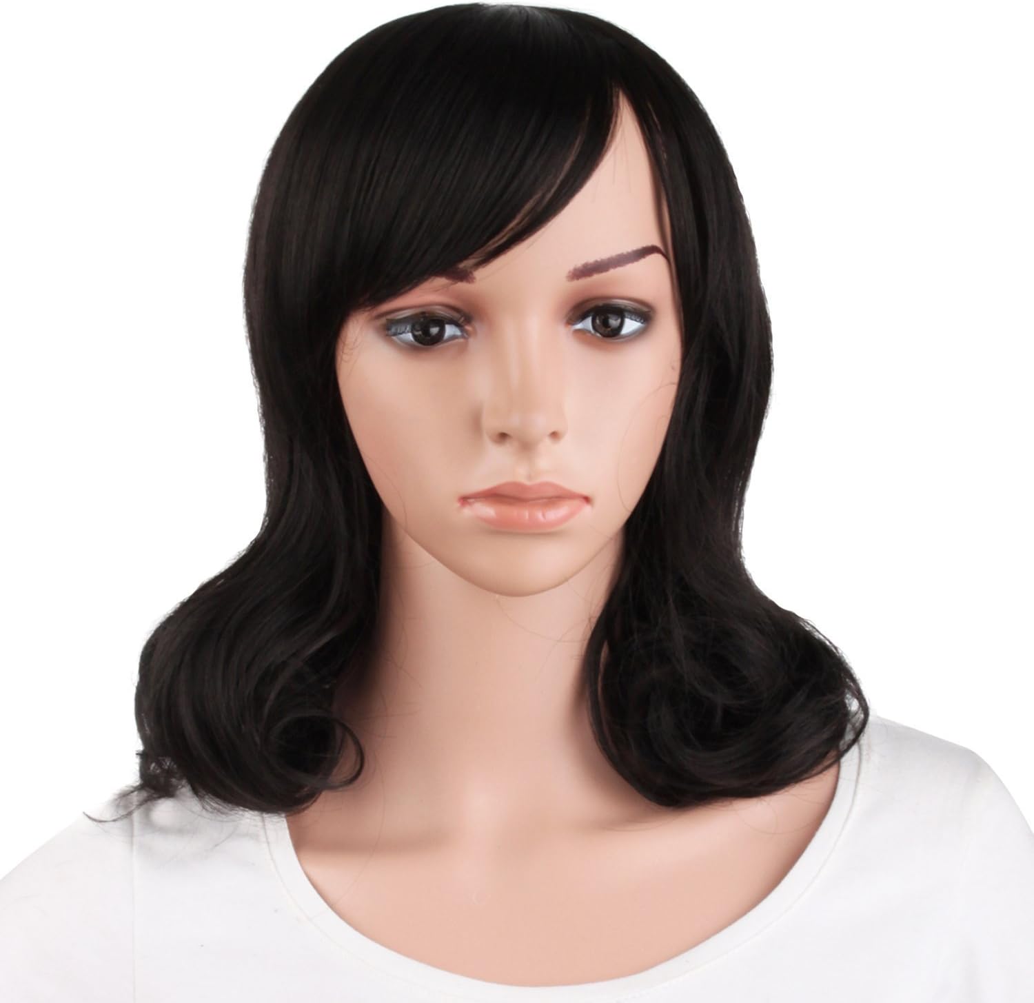 16 Inch/40 cm Daily Use Side Bangs Medium Curly Wig (Black)