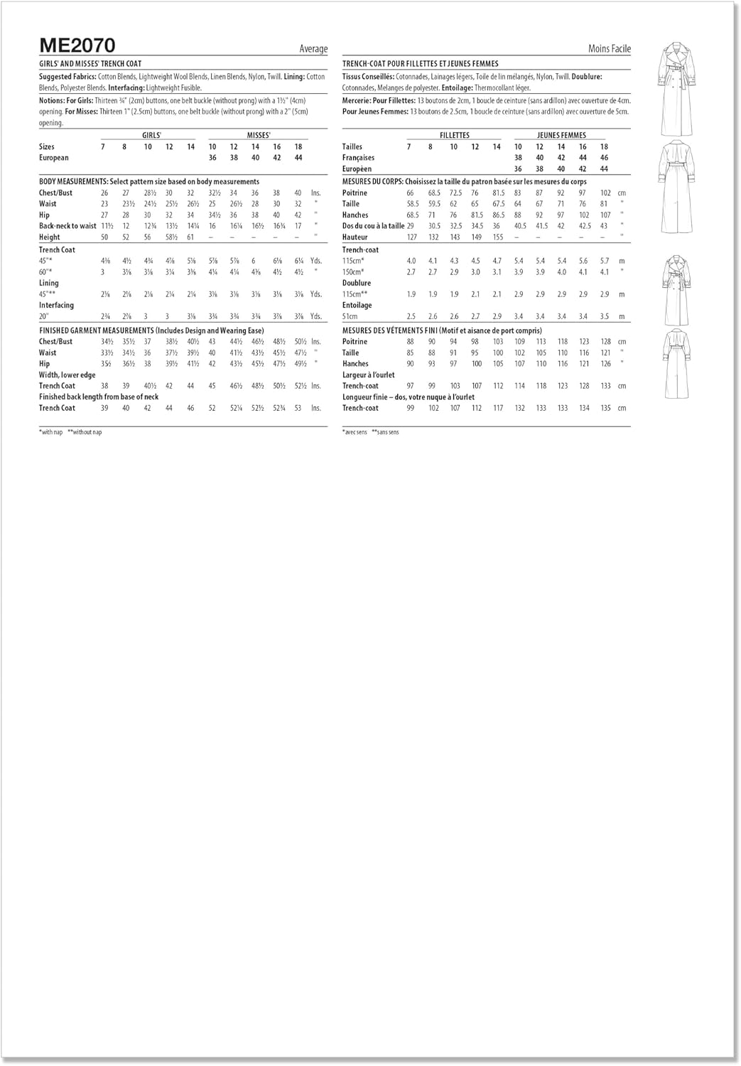 Know Me ME2070K5 Girl's Slim Trench Coat Sewing Pattern Packet by Beaute' J'Adore, Design Code ME2070, Sizes 7-8-10-12-14