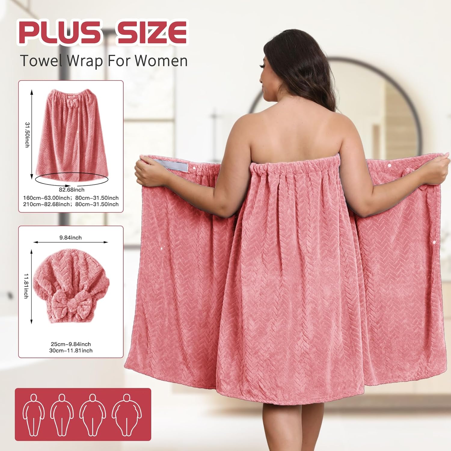 Plus Size Bath Towel Wrap for Women (XXL-XXXXL) with Hair Towel, Oversize Shower Wrap Dress Spa Bathrobe, Comfortable Adjustable Body Wrap, Dry Quickly, 82.68x31.5'', Pink - Image 2