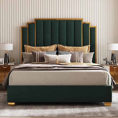 AMERLIFE California King Size Upholstered Bed, Modern Velvet Bed Frame with 65.4” Tall Gold Trim Headboard, No Box Spring Needed, Green