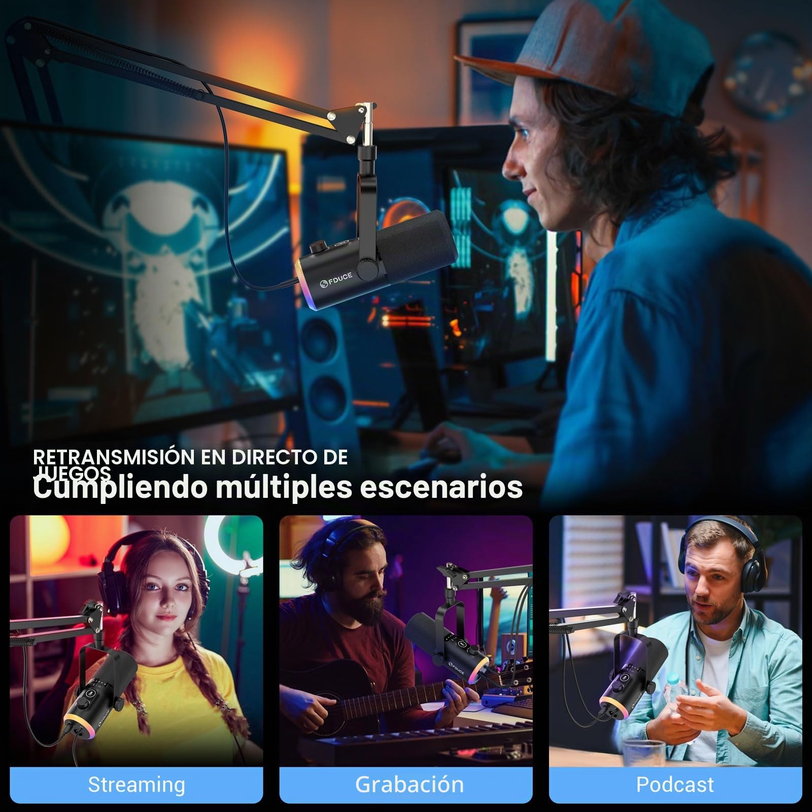 FDUCE - Kit de micrófono de juego USB/XLR, micrófono dinámico para PC para podcasting y transmisión, kit de micrófono RGB para computadora con soporte de brazo extensible, botón de silencio y conector