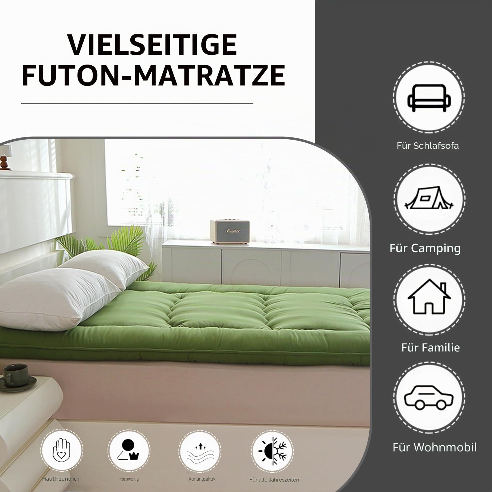 Japanische Bodenmatratze, Japanisches Bodenbett,Futon-Matratze, Tatami, faltbares Bett, aufrollbare Isomatte für Erwachsene, Gästezimmer, Schlafzimmer (Grün, 150x200 cm)