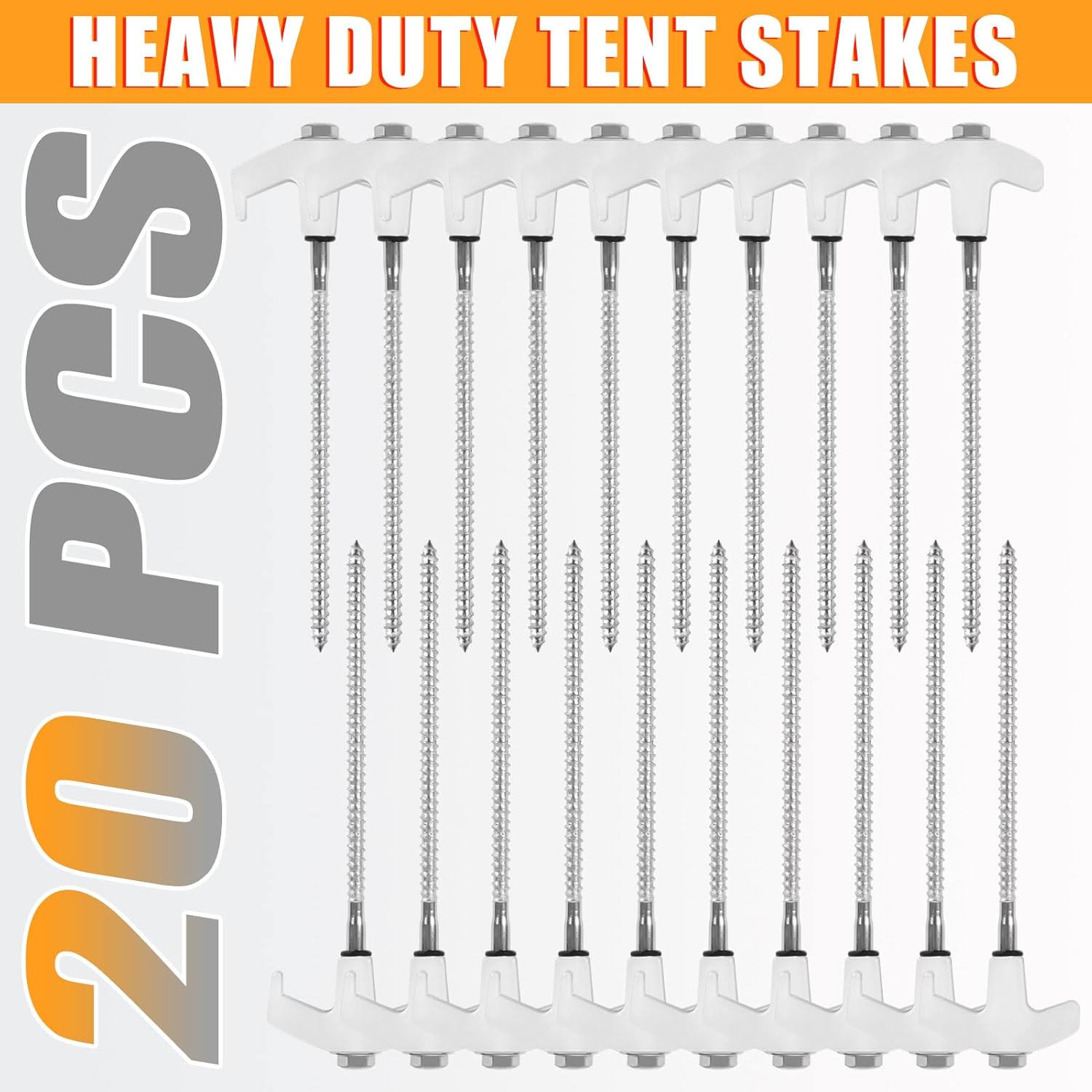 20 Pcs 8" Heavy Duty Drill Tent Stakes with Storage Bag, Glow-in-The-Dark Ground Anchor Peg, Metal Threaded Screw-in Tent Stake for Camping Swing Canopies with 1 Hex Nut Driver, Peg Puller