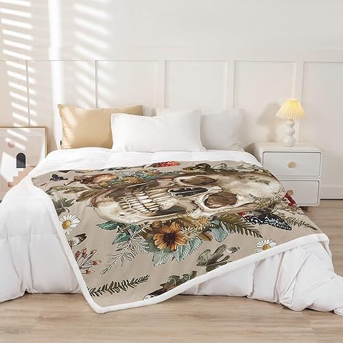 Miniatura 2 de Manfei Manta gótica de calavera y mariposa, libélula y polilla, para niños y niñas, manta de cama con hojas de flores y hongos para sofá, manta de