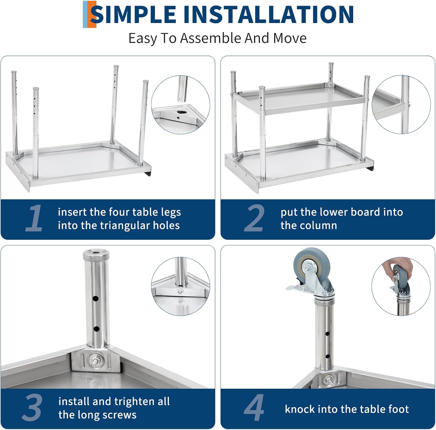 36-inch Heavy-Duty Stainless Steel Table on Wheels with Removable backsplash. A Versatile NSF Commercial-Grade cart for Kitchen, Garage, or Outdoor use.