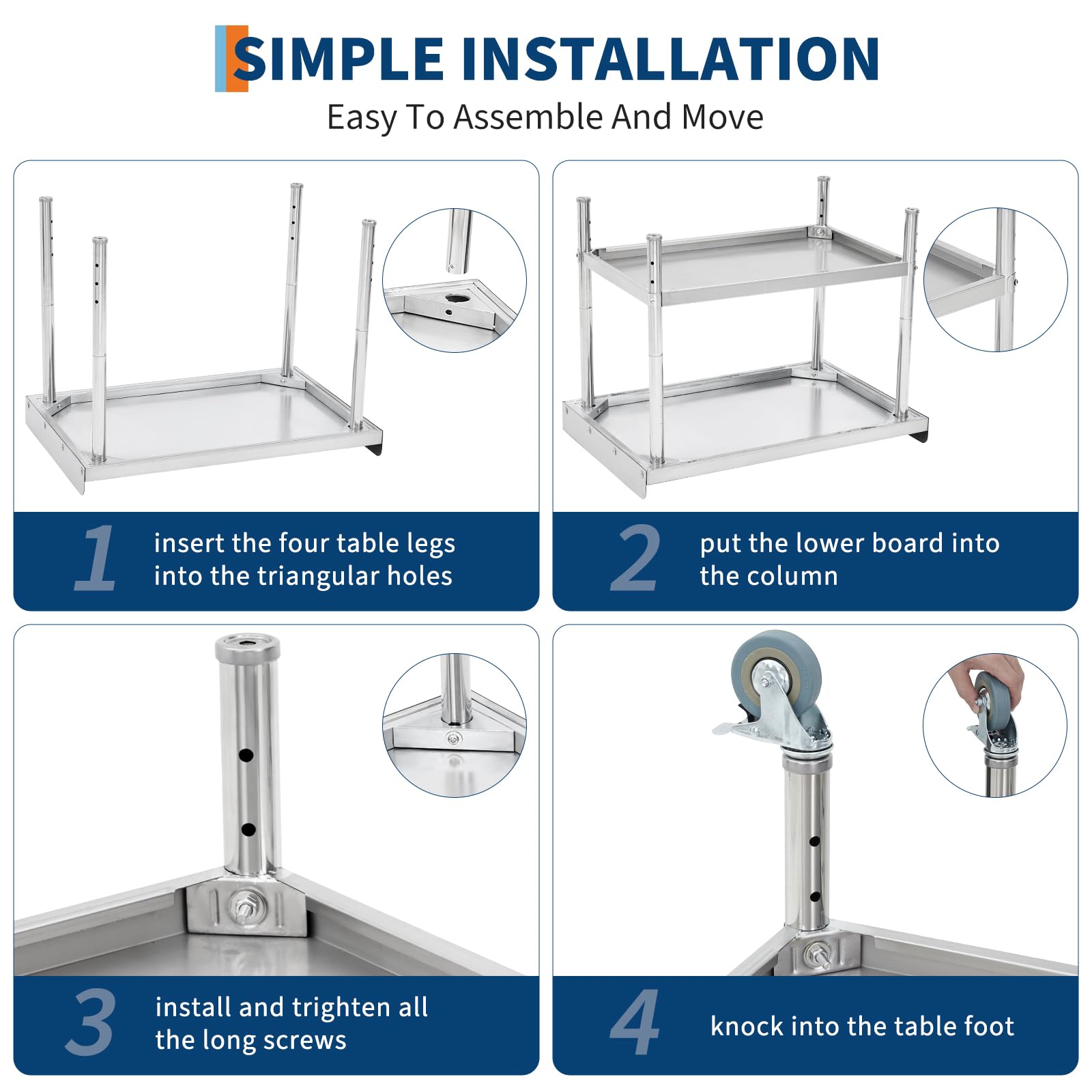 Tavolo carrello barbecue in acciaio inox certificato NSF - Ruote robuste, paraspruzzi rimovibile, altezza regolabile, uso multifunzione - Portata 400 kg - Per cucina, ristorante, garage