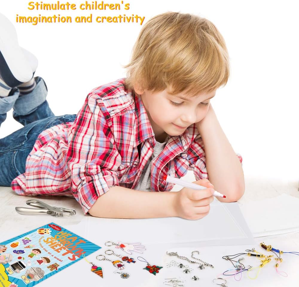 Auihiay 221 Pieces Clear Shrink Plastic Kit Include 20 Shrinky Paper, Hole Punch and Keychains Accessories for Kids Creative Craft