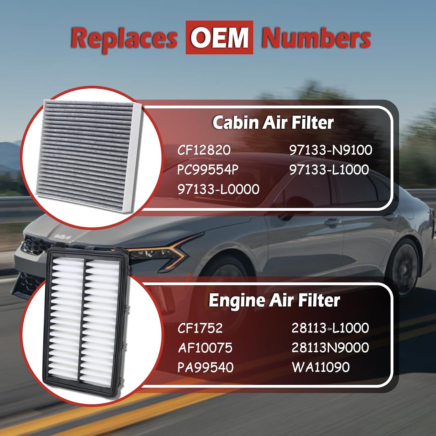 28113-L1000 Engine Air Filter and 97133-L0000 Cabin Air Filter kit Compatible with 2022-2025 Hyundai Tucson 2021-2025 Santa Fe 2020-2025 Sonata 2021-2025 Kia K5 Sorento Not For Hybrid