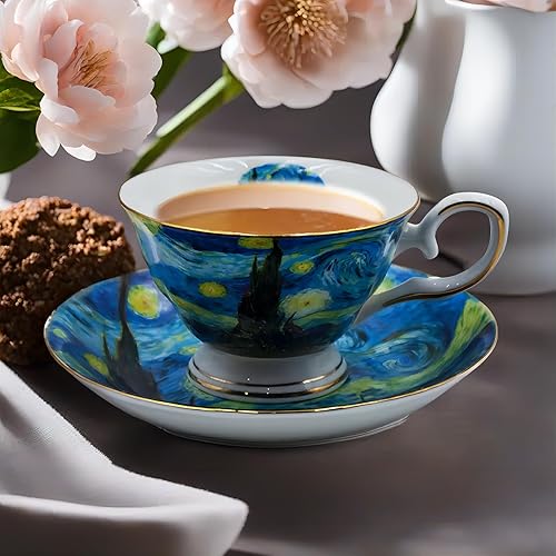 Miniatura 9 de Van Gogh Paintings - Juego de 2 tazas de té florales, porcelana de hueso de 7 onzas, tazas de café británicas de porcelana para té de rosa,