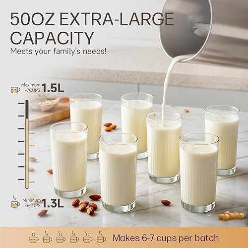 Miniatura 5 de Máquina para hacer leche de almendras de acero inoxidable 304 (filtro integrado) 50 onzas, 6-7 tazas por lote, licuadora de cocina 8 en 1 para hacer