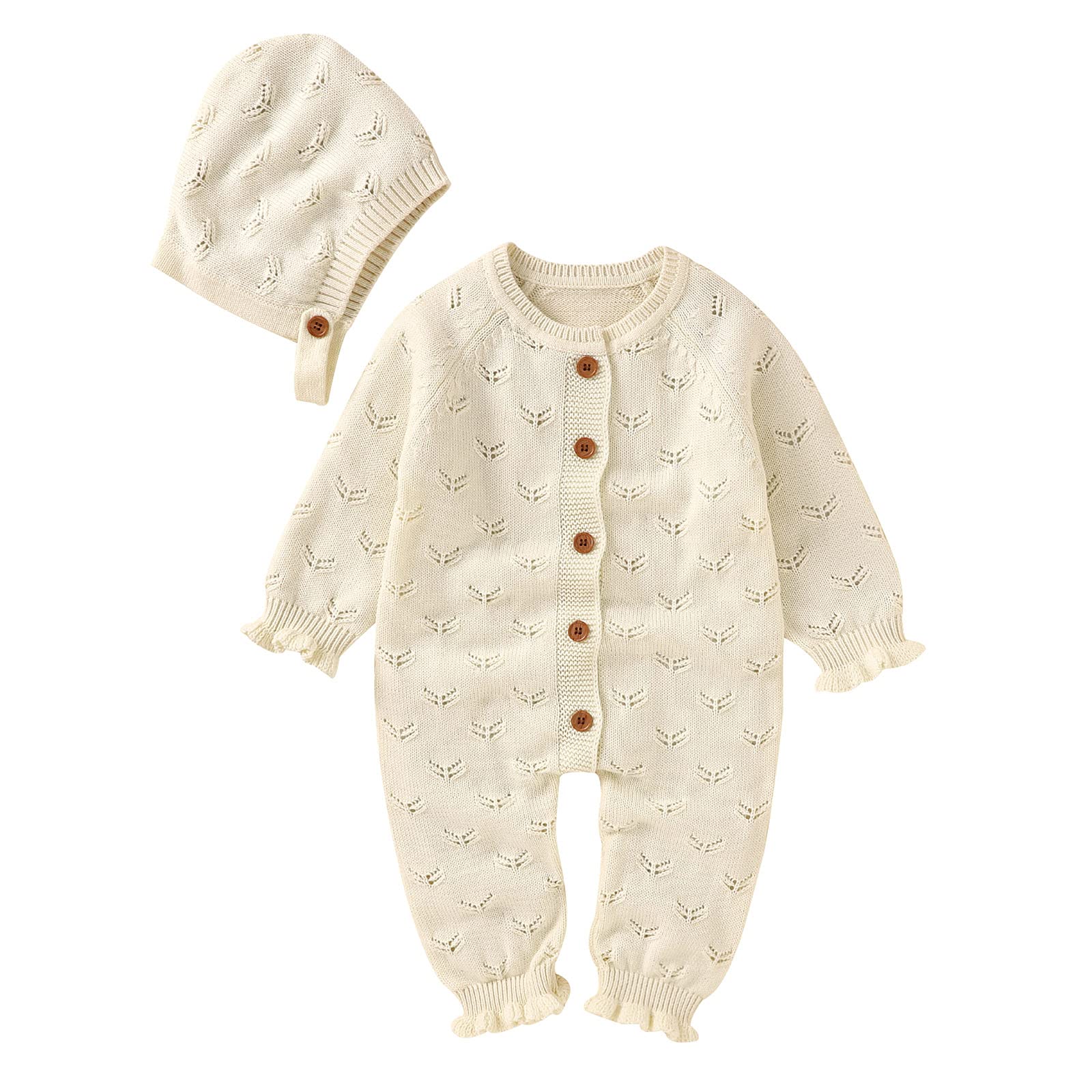 RNTOP Baby Boy Girl Knitted Sweater Romper Overall Jumpsuit Newborn Long Sleeve Sweaters with Hat (Beige, 18-24 Months)