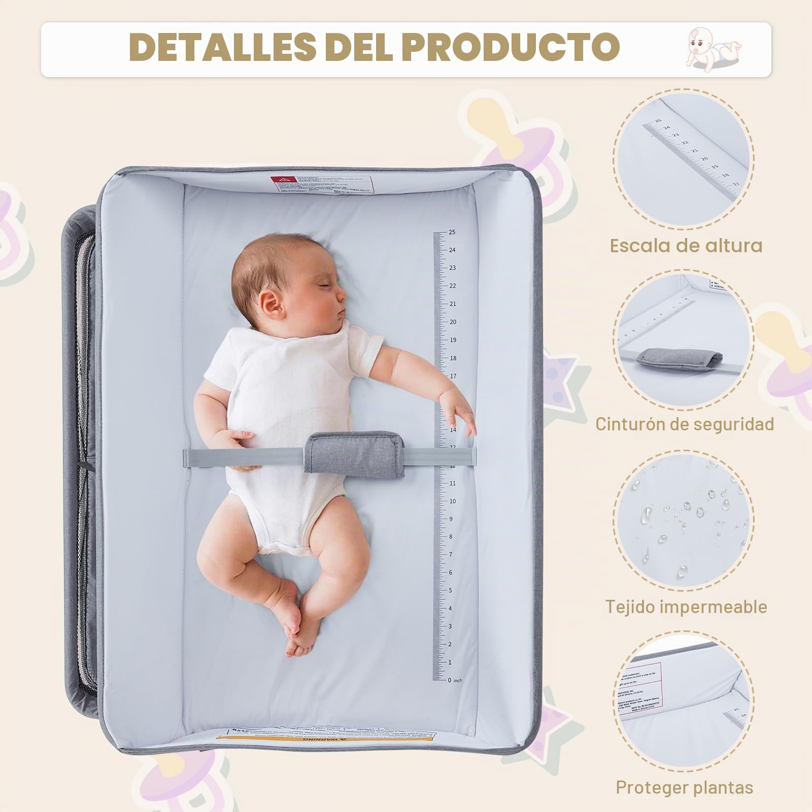 Cambiador Bebé Plegable con 2 Cajones, Altura Ajustable y Colchón Impermeable, Mueble Cambiador de Pañales Portátil con 4 Ruedas, Barra Colgante y Organizador de Guardería Salvaspazio, Gris Oscuro