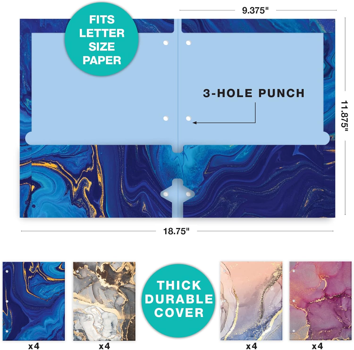 Global Printed Products Deluxe Designer Pocket Folders, Letter Size, 3-Hole Punched, 4 Patterns, 16/pk (Marble)