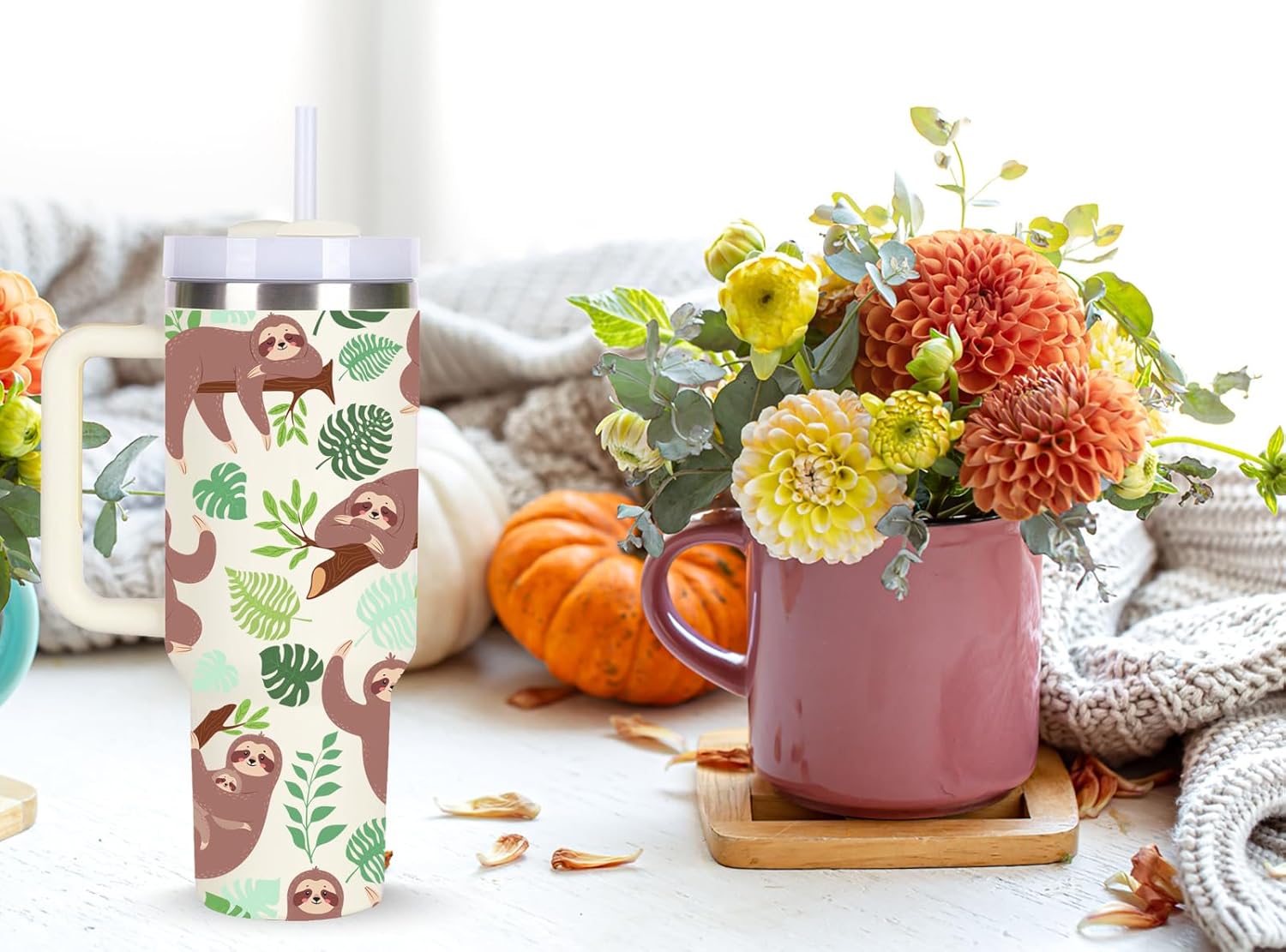 momocici 40oz Sloths Tumbler with Handle Gifts for Women.Sloth Lover Cups Tumbler Gifts for Women.40 oz Birthday Christmas Sloth Cup Tumblers for Sloths Lover. - Image 6