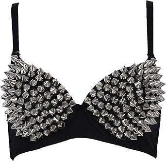 Studded Bra Punk Dancing Performance Silver Metallic Rivets Spiked Bra with Adjustable Strap, for Club Party, Drance Wear, Carnival