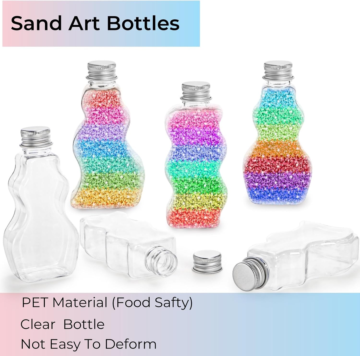 Tlence 30 Pack Sand Art Bottles with Lids, 2.5 oz Sand Decorative Container with Large Funnels Small Funnels, 3 Style Clear Plastic Jars Bulk, Mini Craft Collection Kit for DIY Wedding Birthday