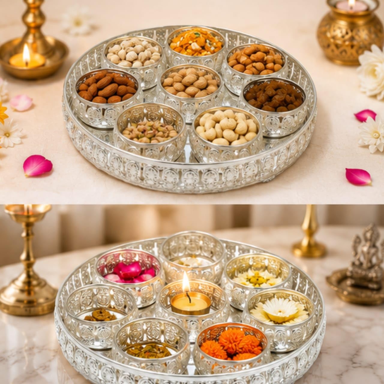 Silver Tray with 8 Bowls Chandi Set | silver tray 8 bowl set round-image-6