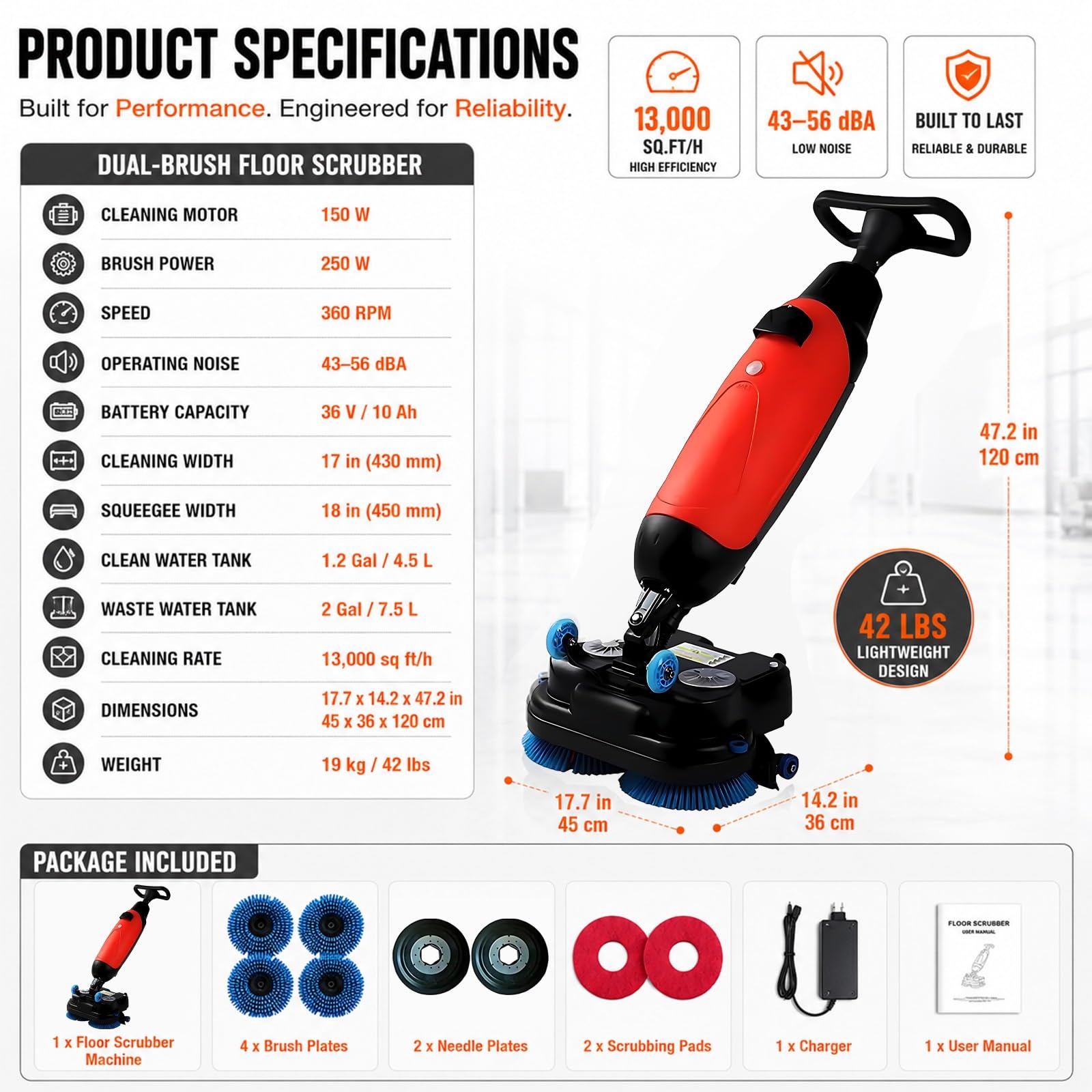 Máquina Fregadora de Suelos Compacta, Limpiador Industrial 18" Inalámbrico con Cabezal Rotativo, Escoba Eléctrica Ligera para Mantenimiento de Tienda y Oficina(Red)