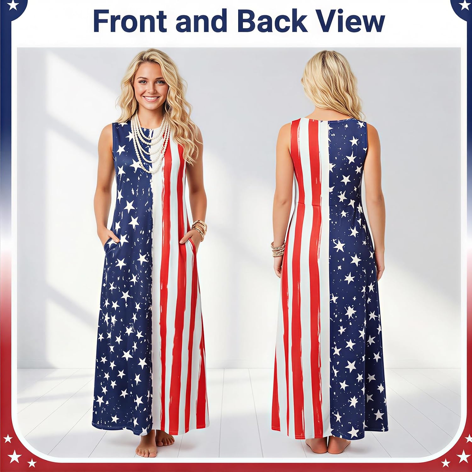 American Flag Dress Women 4th of July Maxi Dress Sleeveless Patriotic Summer Sundress Pocket Casual Breathable Long