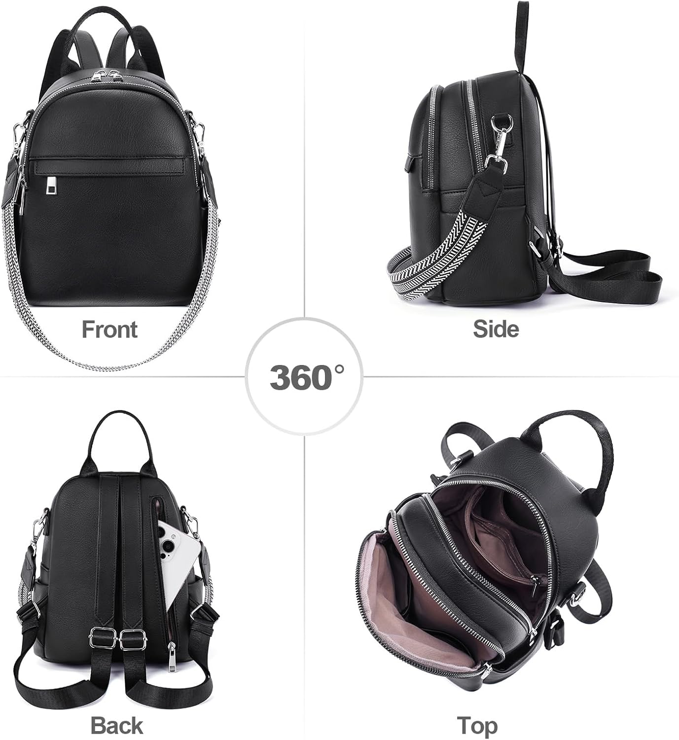 Small Backpack Purse for Women Leather Mini Convertible Designer Backpack Travel Shoulder Fashion Bag Black - Image 6