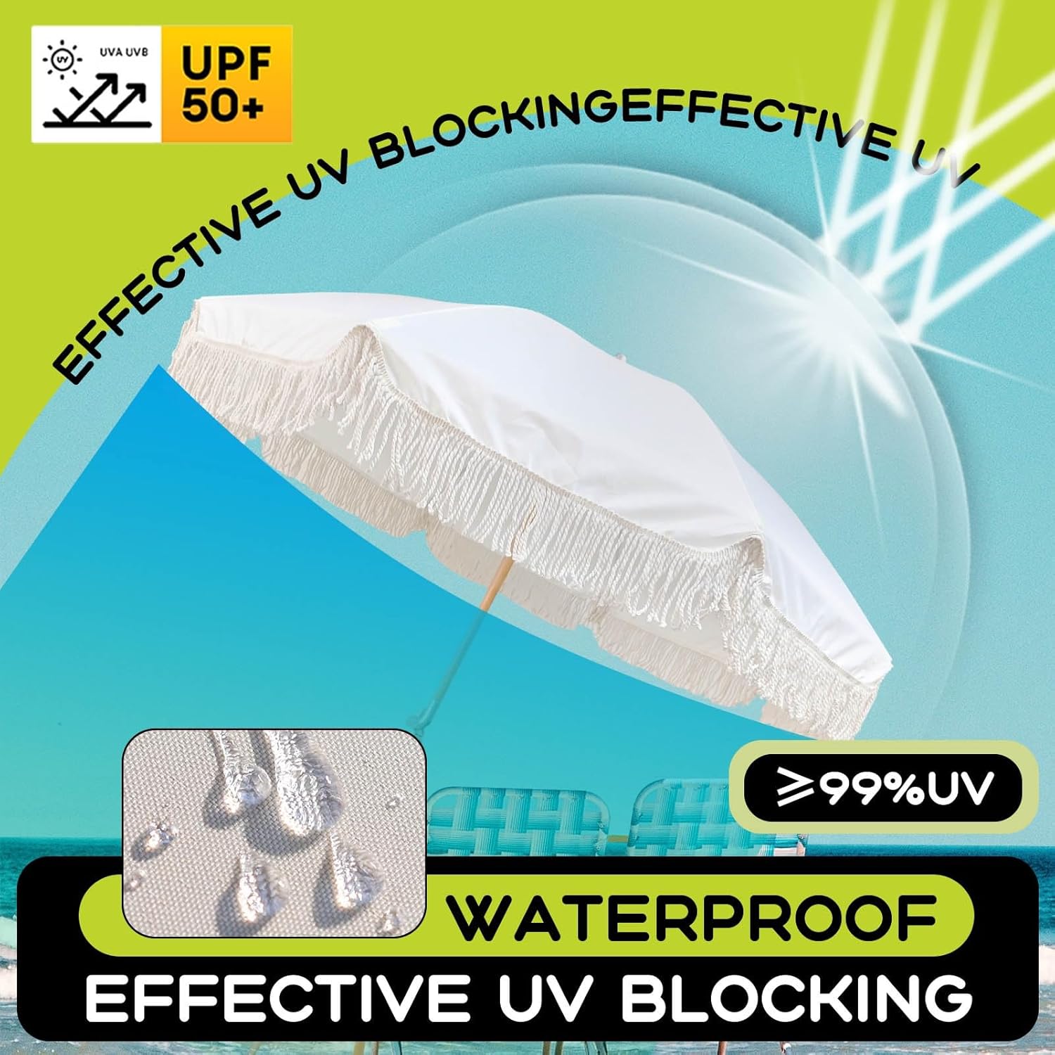 Market Patio Table Umbrella Sunshade, 6ft Boho Pool Beach Umbrella, Portable White Garden Umbrella with Storage Bag, Sturdy Umbrella Pole and Skeleton, Waterproof, for Patio Garden Pool Backyard