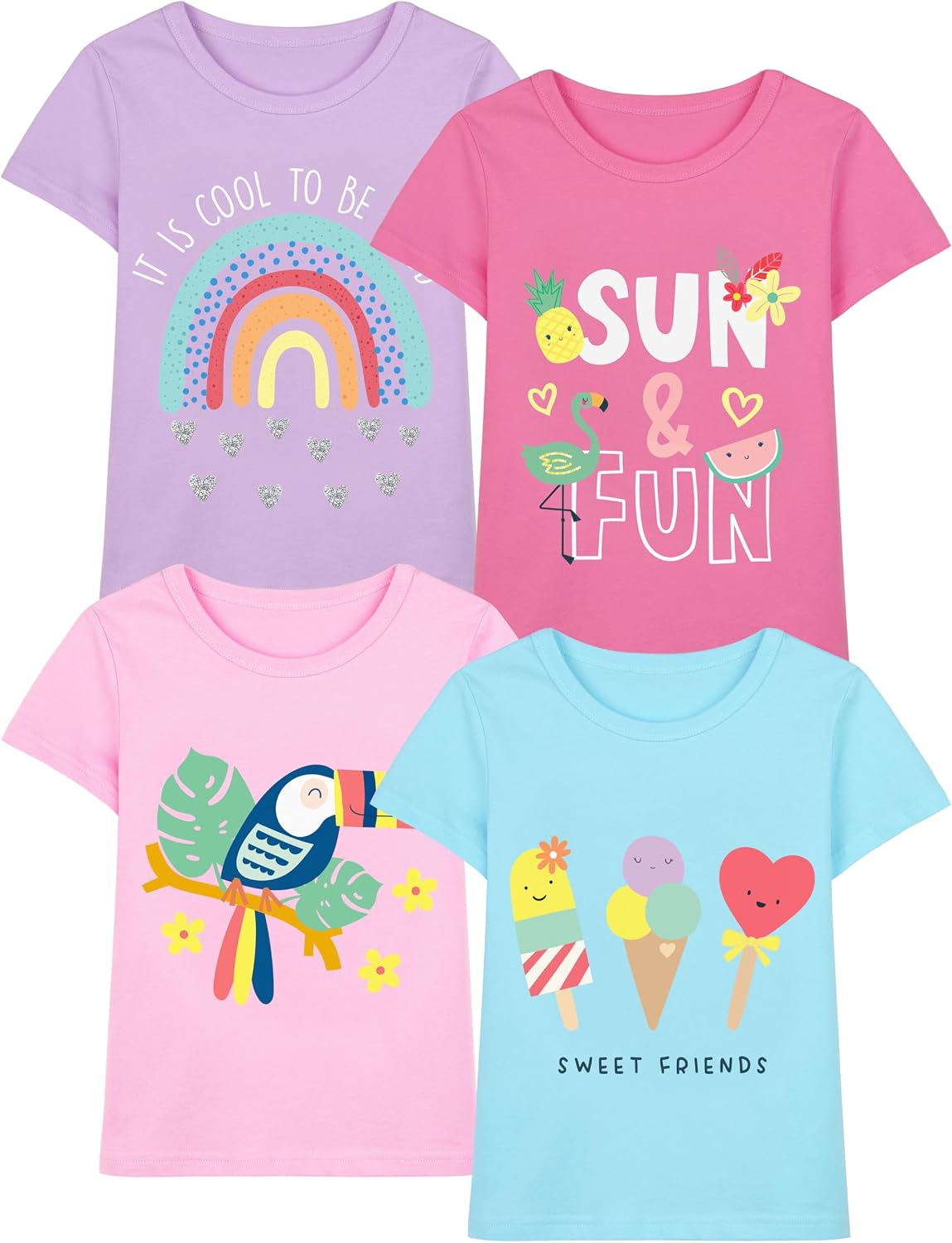 Poroka 4 Packs Toddler Girls Short Sleeve Graphic Tees Soft Cotton T-Shirts with Fun Prints Summer Tops Clothes 2T-5T