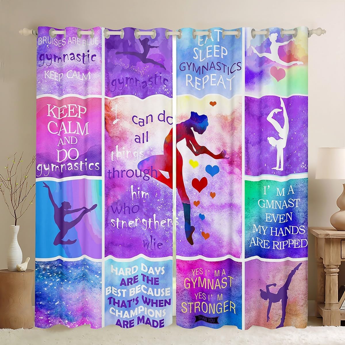 Gymnastic Cheerleading Blackout Curtains,Spiritual Strength Tie Dye Window Drapes for Kids Girls Women,Watercolor Plaid Starry Window Treatments Grommet Top 2 Panel Set Room Curtains,38Wx54L inch