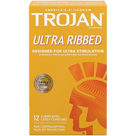 TROJAN Ultra Ribbed Premium Lubricated Condoms, 12 Count