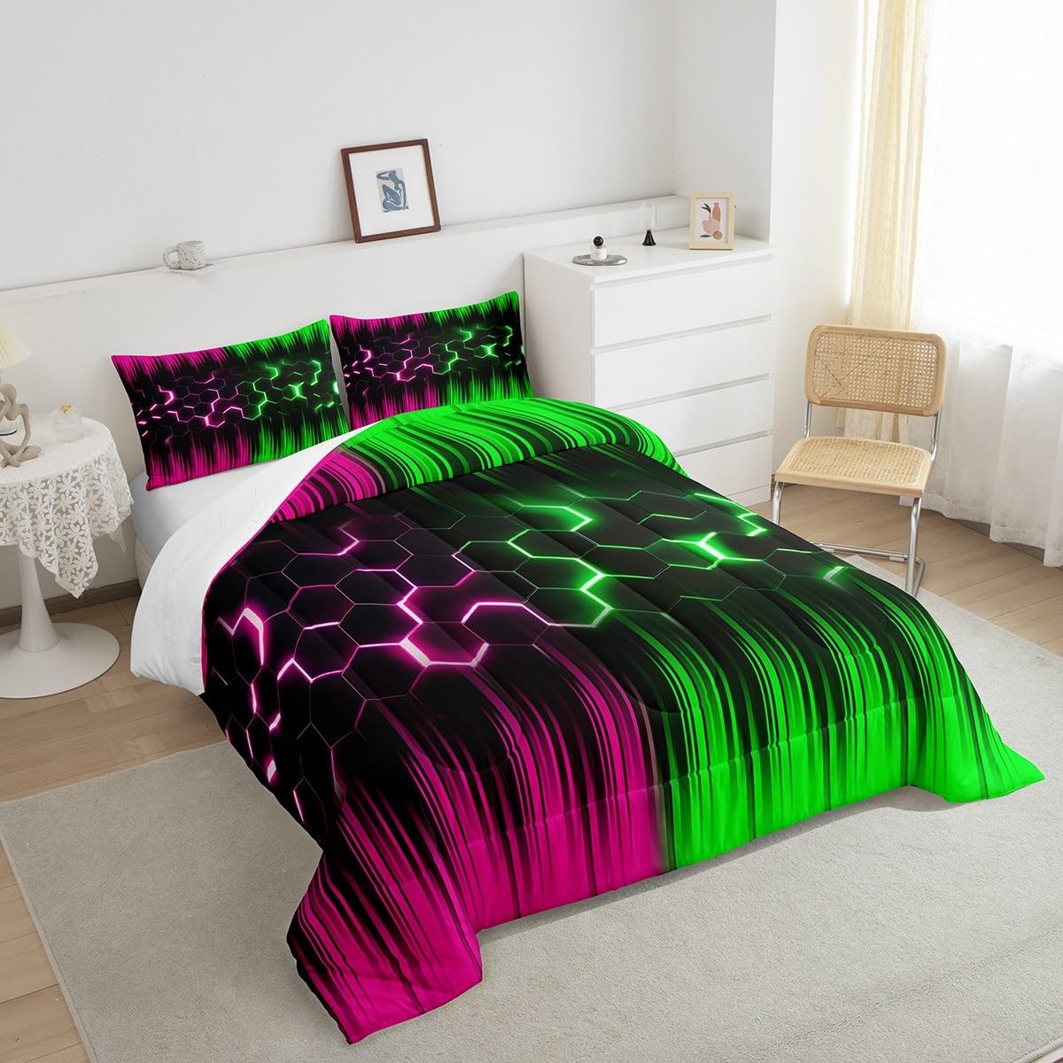 Erosebridal Geometric Honeycomb Comforter Set Queen Neon Pink Green Black Striped Bedding Set for Girls Boys Kids Adult,Abstract Gradient Ombre Comforter Set Beehive Hexagon Bed Set 3Pcs